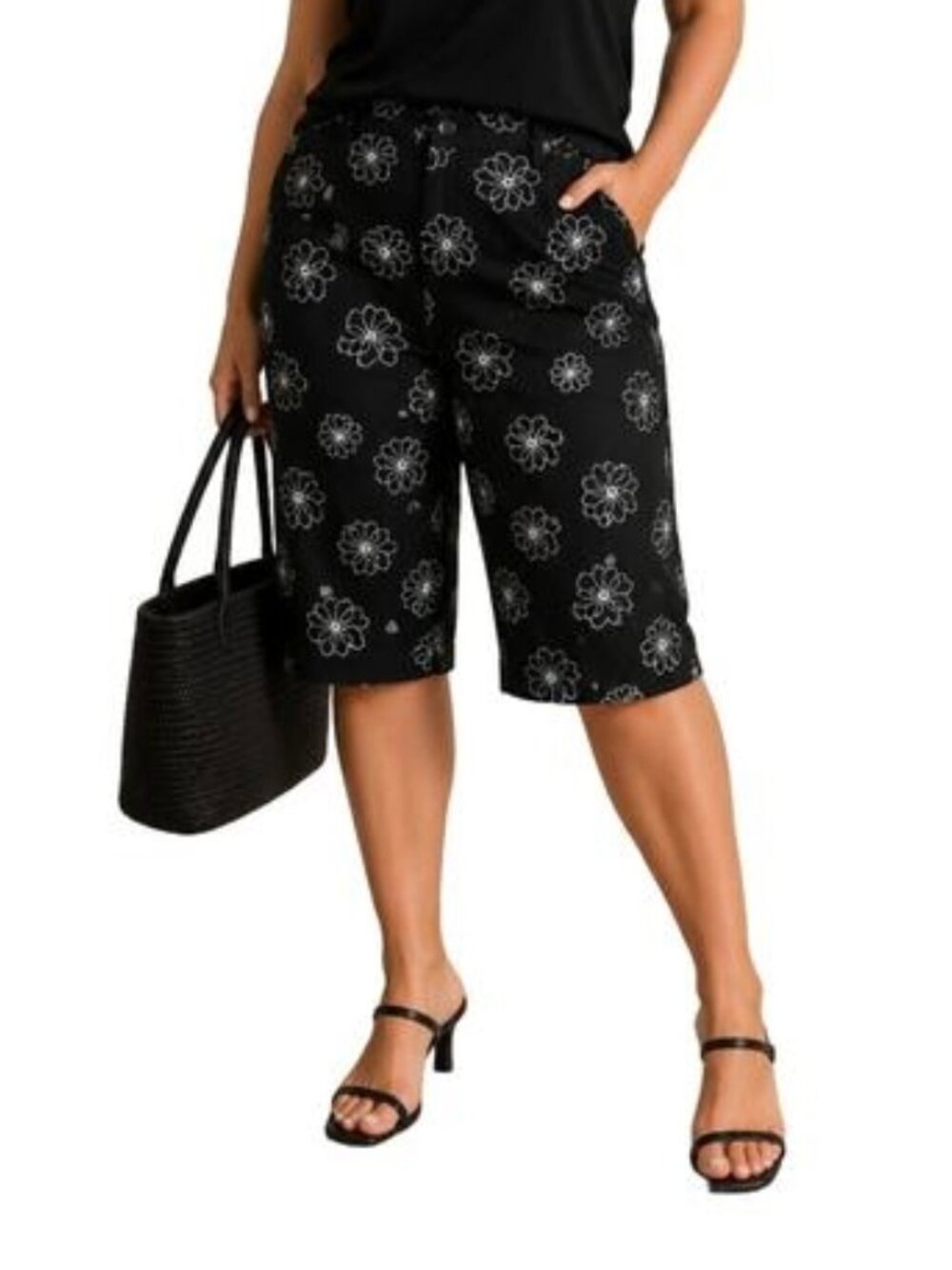 Studio Works Floral Gaucho Capri Pants Black White Petite 16 Wide Leg